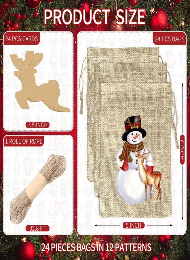 Fayoo 24Pcs Christmas Small Burlap Gift Bags with Drawstring, Xmas Snowman Treat Candy Bag with Tags Holiday Goody Gift Bags Reusable Linen Gift Wrapping Bags for Christmas Party Favors (12 Designs, 7 x 5 Inch) - Image 2